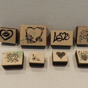 Set of 9 "Hearts & Love" craft stamps, varying sizes 1" to 2", lightly used
